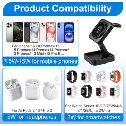 Chargeur sans Fil 3 en 1 Pliable 15W Compatible avec Mag Safe, Station de Charge Rapide pour i Phone 17/16/15/14/13/12, A pple W