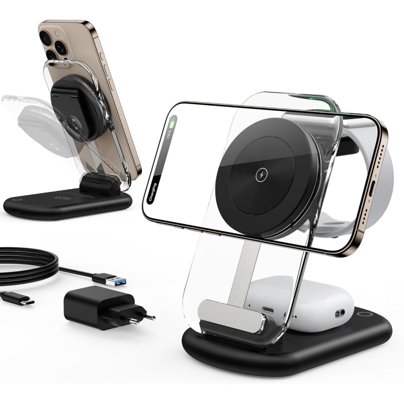 Station de Chargement inductive, Station de Chargement 3 en 1 Compatible avec iPhone 17e,17 16 15 14 13 Pro Max/Air/Plus/Pro, po