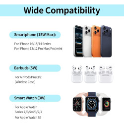 3 en 1 15w Chargeur Induction i Phone Station de Charge Rapide Compatible avec Apple Watch 10/9/8/Ultra/7/6/5/SE, Air/17/16/16e/
