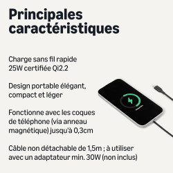 Amazon Basics Chargeur Sans Fil 25W Certifié Qi2.2, Compatible MagSafe Pour iPhone 17/16/15/14/13/12, Compatible Magnétique pour