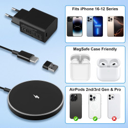 Chargeur Induction Magnétique 15W Noir pour Phone, Chargeur sans Fil Rapide Compatible Charge Magnétique, Station de Charge pour