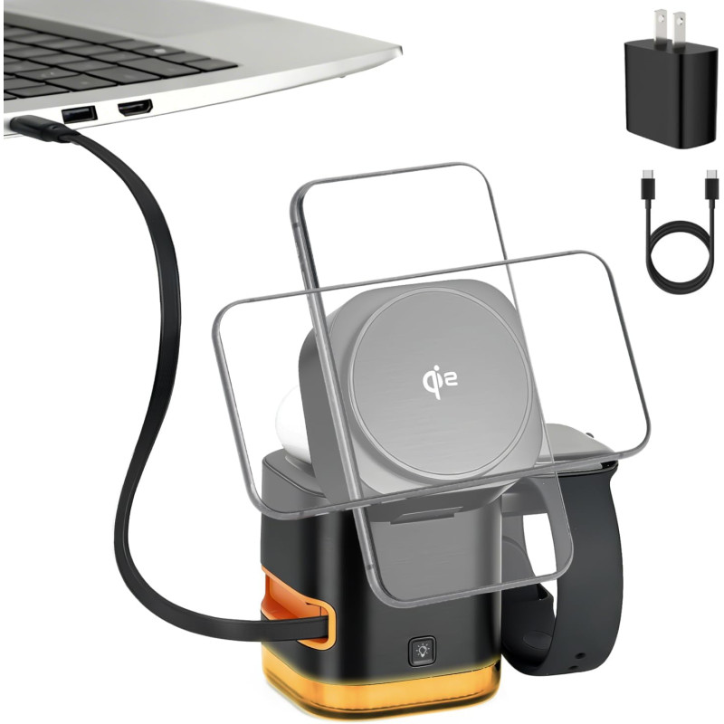 Koolehaoda 5 en 1 Chargeur Induction Station pour MagSafe la Charge Rapide Apple avec Câble Rétractable et Veilleuse,Compatible 