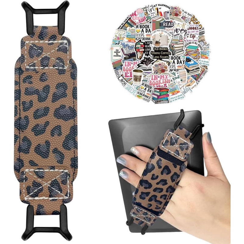 Accessoire kindle support 6-8 pouces, dragonne élastique motif léopard pour paperblanc 2025/fire tablet, 50 autocollants de lect