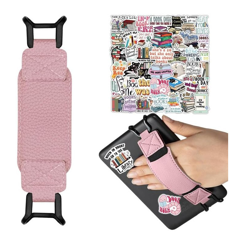 6-8 pouces support à doigt kindle rosa, bande élastique pour kindle paperblanc 2025/e-reader/fire tablet, 50 autocollants de lec