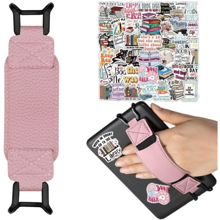 6-8 pouces support à doigt kindle rosa, bande élastique pour kindle paperblanc 2025/e-reader/fire tablet, 50 autocollants de lec