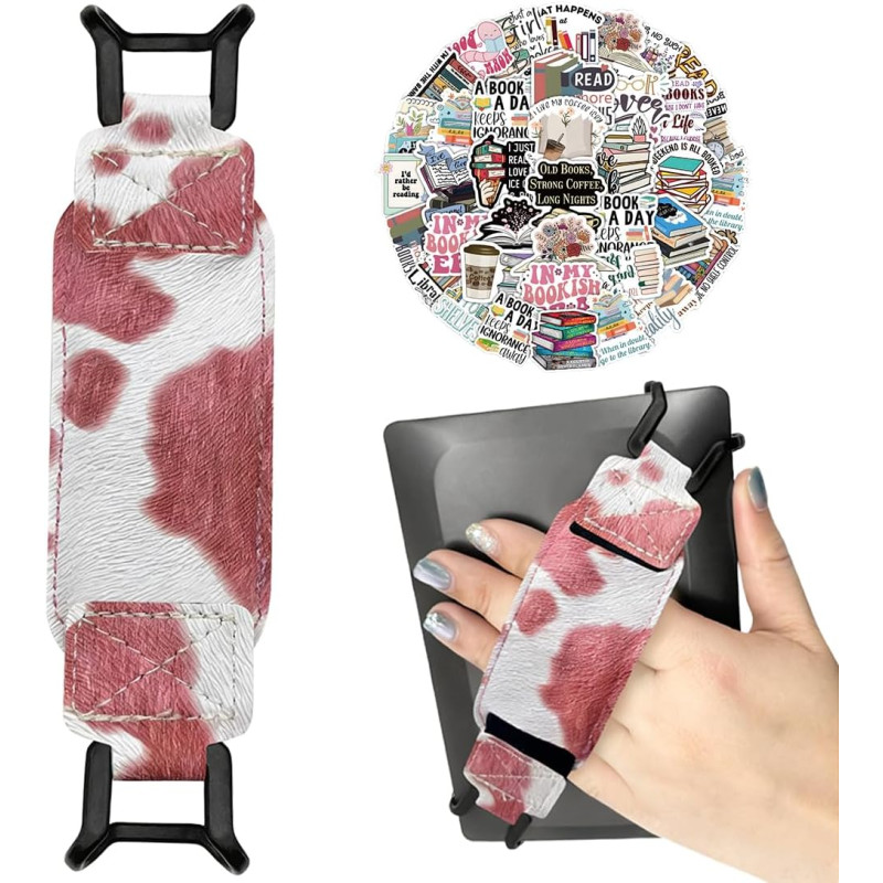 Dragonne pour liseuse kindle 6-8 pouces, blanc-rose sangle élastique pour paperblanc 2025/kobo/fire, 50 autocollants de lecture