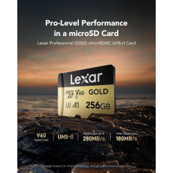Lexar or carte micro sd 256go, carte mémoire flash microsdxc uhs-ii, carte microsd v60, u3, a1, c10, lecture jusqu'à 280mo/s, po