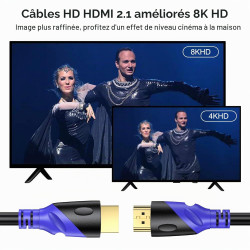 8K Câble HDMI 0.5m, câble 2.1 HDMI haute vitesse 48Gbps 8K@60Hz 4K@120Hz, HDCP 2.2&2.3 Compatible avec Roku TV/PC/Monitor Projec