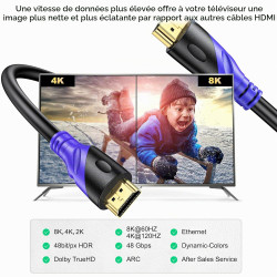 Câble HDMI 8K/60HZ 3m (HDMI 2.1, 48 Gbit/s) Connecteurs Plaqués or Ultra Haut Débit, Retour Audio Ethernet, Compatible avec Blu 