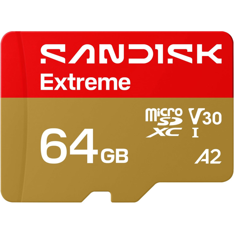 SANDISK Extreme Carte microSDHC UHS-I + SD Adapter, 64 Go (Jusqu’à 170 Mo/s en Lecture et 80 Mo/s en écriture, vidéo 5.3K, C10, 