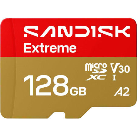 SANDISK Extreme Carte microSDHC UHS-I + SD Adapter, 128 Go (Jusqu’à 245 Mo/s en Lecture et 120 Mo/s en écriture, vidéo 5.3K, C10