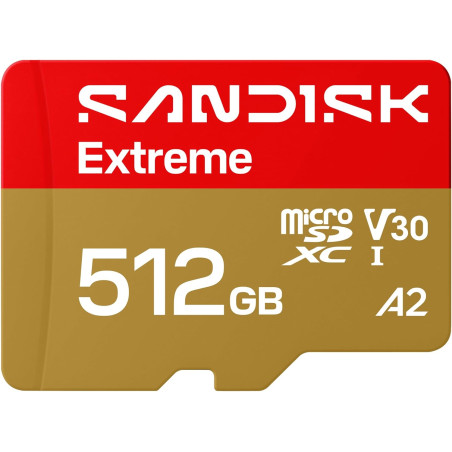 SANDISK Extreme Carte microSDHC UHS-I + SD Adapter, 512 Go (Jusqu’à 245 Mo/s en Lecture et 170 Mo/s en écriture, vidéo 5.3K, C10