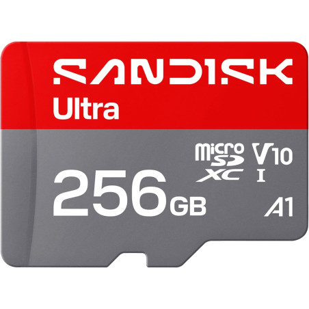 SANDISK Ultra Carte microSDXC 256 Go, UHS-I + SD Adapter (Jusqu’à 195 Mo/s Vitesses de Transfert, vidéos en Full HD, V10, U1, C1