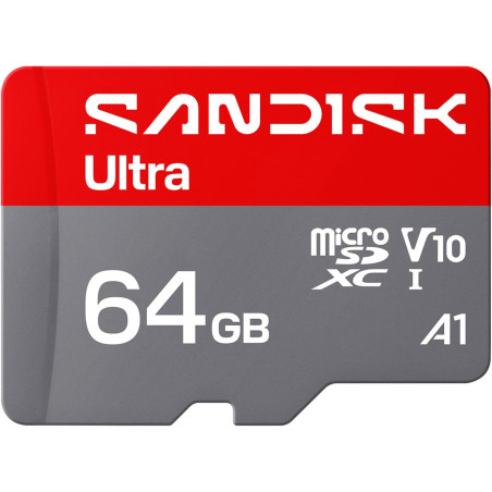 SANDISK Ultra Carte microSDXC UHS-I + SD Adapter, 64 Go (Vitesses de Transfert Jusqu’à 145 Mo/s, vidéos en Full HD, V10, U1, C10