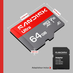 SANDISK Ultra Carte microSDXC UHS-I + SD Adapter, 64 Go (Vitesses de Transfert Jusqu’à 145 Mo/s, vidéos en Full HD, V10, U1, C10