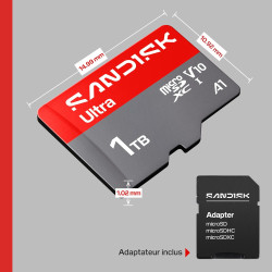 SANDISK Ultra Carte microSDXC UHS-I + SD Adapter, 1 to (Vitesses de Transfert Jusqu’à 195 Mo/s, vidéos en Full HD, V10, U1, C10,