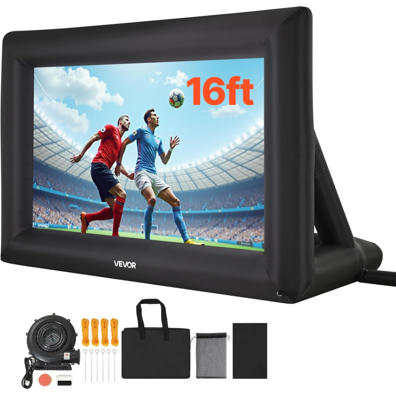 VEVOR Écran de Projection Gonflable Diagonale de 488 cm, Format 16:9, en 600D Lavable, avec Sac de Rangement Portable, Installat