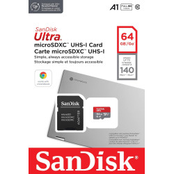 SanDisk Ultra 64 Go microSDXC UHS-I carte pour Chromebook avec adaptateur SD et jusqu'à 140 Mo/s en vitesse de transfert, A1 App
