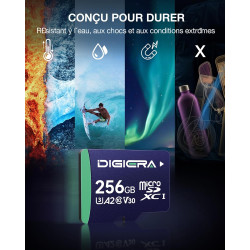 Carte mémoire microSDXC UHS-I CT100 256 Go avec Adaptateur – Jusqu’à 100 Mo/s, C10, U3, V30, Full HD, A2, pour Smartphones, tabl