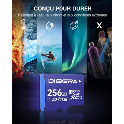 Carte mémoire microSDXC UHS-I LT100 256 Go avec Adaptateur – Jusqu’à 170 Mo/s, C10, U3, V30, 4K, A2, pour Smartphones, tablettes