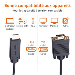 Amazon Basics Câble HDMI (source) vers (affichage) VGA - NON bidirectionnel - plaqué or, 6 feet, noir
