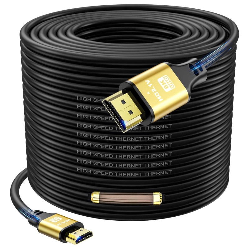 30M Cable HDMI Long, 8K@60Hz 4K@120Hz, Câble HDMI 2.1 Ultra HauteVitesse avec Connecteurs Plaqués Or, Boîtier en Aluminium Pour 