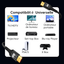Câble HDMI 8K 1m,Cable HDMI 2.1 8K@60Hz 4K@120Hz 7680P Ultra Haute Vitesse Supporte HDR10 3D eARC HDCP2.2&2.3,Compatible avec PS