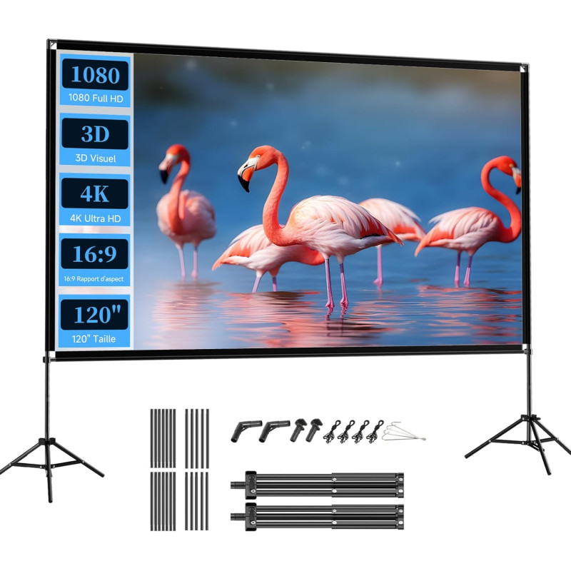 VISULAPEX Ecran Videoprojecteur 120 Pouces, Ecran de Projection sur Pied, 16:9, 4K HD Ecran Projecteur Pliable avec Sac de Trans
