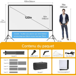 VISULAPEX Ecran Videoprojecteur 120 Pouces, Ecran de Projection sur Pied, 16:9, 4K HD Ecran Projecteur Pliable avec Sac de Trans