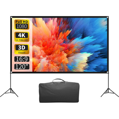 Screenmax Écran de Projection d'extérieur avec Support, 120 Pouces, projecteur d'intérieur Portable 16:9 4K HD Pliable et sans P