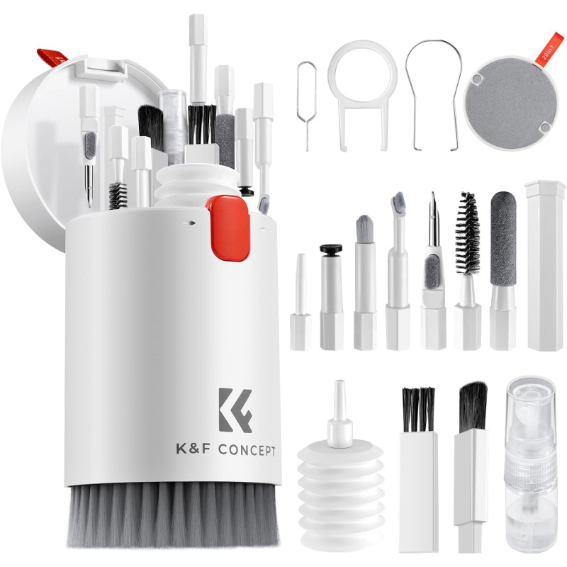 K&F CONCEPT Kit Nettoyage Clavier 20 en 1 Kit Nettoyage PC，Accessoires de Nettoyage pour AirPods, Caméra, Ordinateur, Téléphone