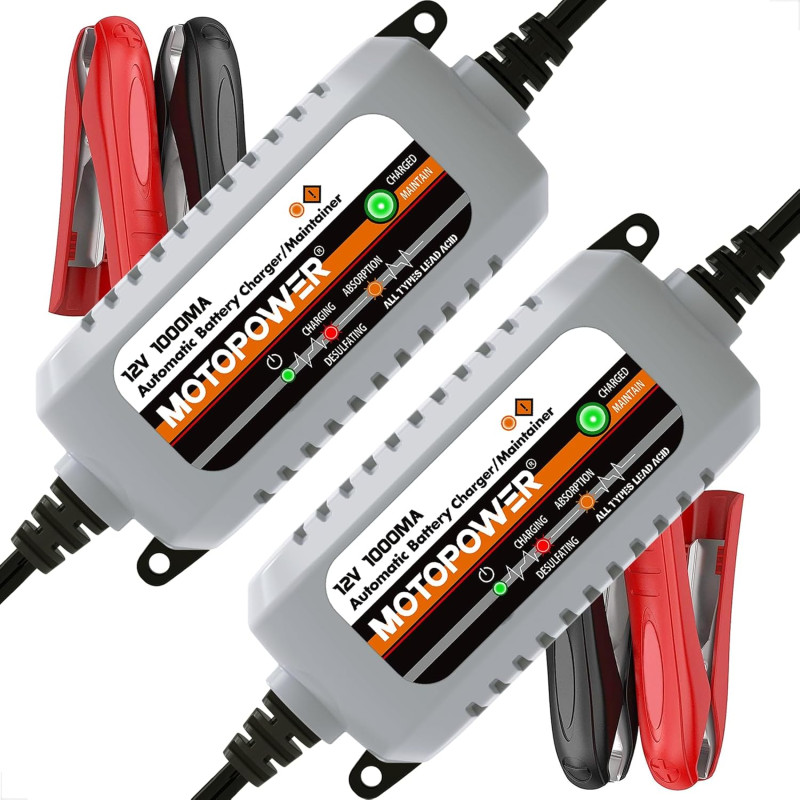 MOTOPOWER MP00205B 12V 1000mA Chargeur/Mainteneur de Batterie entièrement Automatique (Lot de 2)