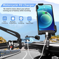 Prise USB Moto Étanche 12V Cliff Top, 18W PD Type-C Charge Rapide, Montage sur Rétroviseur 10 mm, Chargeur Téléphone Moto avec C