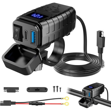 Idota Prise USB étanche pour moto avec interrupteur marche/arrêt et câble de charge rapide de type C Multi USB pour moto et camp