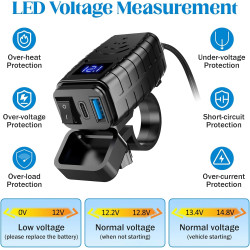 Idota Prise USB étanche pour moto avec interrupteur marche/arrêt et câble de charge rapide de type C Multi USB pour moto et camp