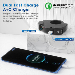 Prise USB pour 22-25mm Guidon, Chargeur de Voiture QC3.0 et PD/Type-c Étanche pour Moto IP66 pour SUV, Marin et Bateau 12V
