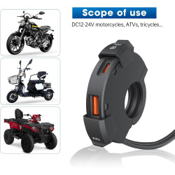 Prise USB pour 22-25mm Guidon, Chargeur de Voiture QC3.0 et PD/Type-c Étanche pour Moto IP66 pour SUV, Marin et Bateau 12V