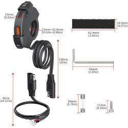 Prise USB pour 22-25mm Guidon, Chargeur de Voiture QC3.0 et PD/Type-c Étanche pour Moto IP66 pour SUV, Marin et Bateau 12V