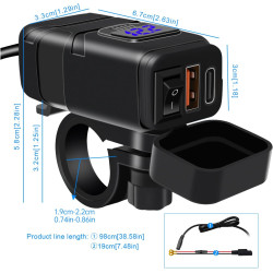 Chargeur de moto, type C PD et QC3.0 Prise USB pour voiture 12 V/24 V étanche avec interrupteur et voltmètre LED pour SUV marin 