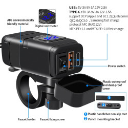 Chargeur de moto, type C PD et QC3.0 Prise USB pour voiture 12 V/24 V étanche avec interrupteur et voltmètre LED pour SUV marin 