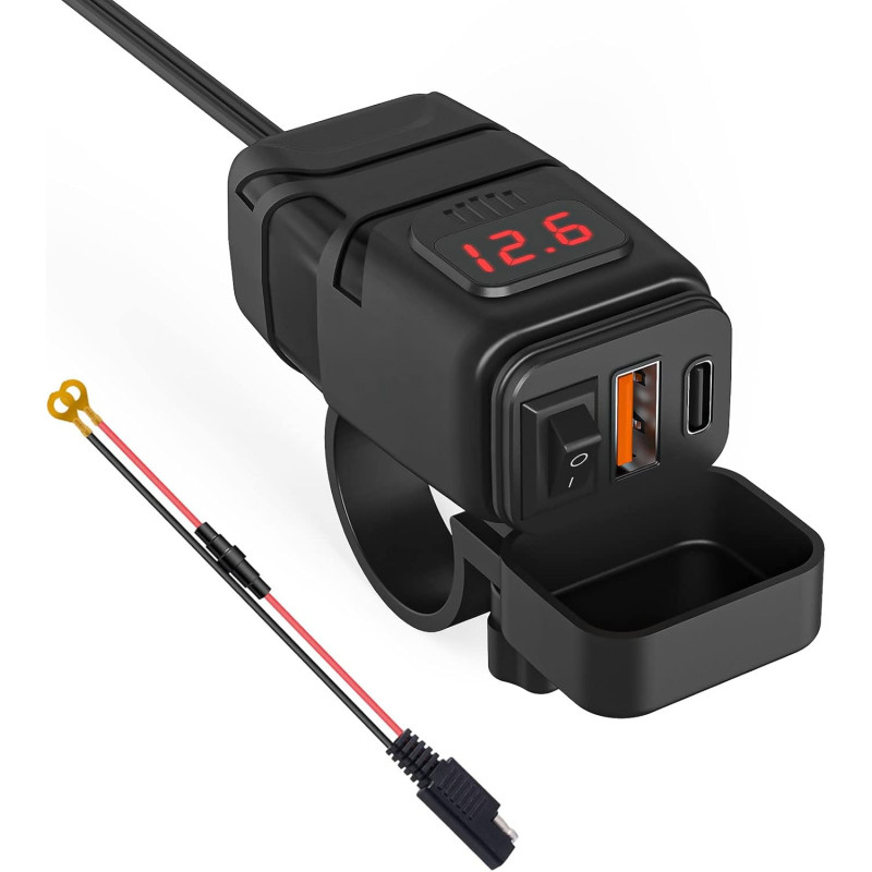 Prise de Chargeur de Voiture avec Type-C, QK3.0 et USB, Adaptateur Étanche IP66 pour Moto avec Interrupteur, Charge Rapide pour 