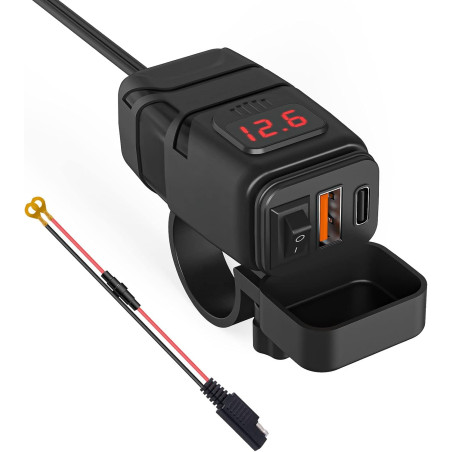 Prise de Chargeur de Voiture avec Type-C, QK3.0 et USB, Adaptateur Étanche IP66 pour Moto avec Interrupteur, Charge Rapide pour 