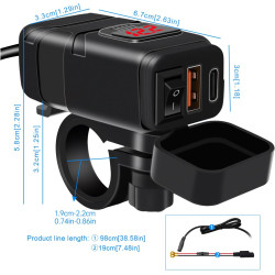 Prise de Chargeur de Voiture avec Type-C, QK3.0 et USB, Adaptateur Étanche IP66 pour Moto avec Interrupteur, Charge Rapide pour 