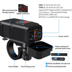 Prise de Chargeur de Voiture avec Type-C, QK3.0 et USB, Adaptateur Étanche IP66 pour Moto avec Interrupteur, Charge Rapide pour 