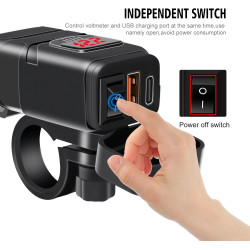 Prise de Chargeur de Voiture avec Type-C, QK3.0 et USB, Adaptateur Étanche IP66 pour Moto avec Interrupteur, Charge Rapide pour 