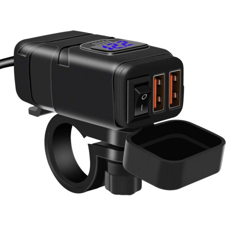 Chargeur de Voiture, Prise USB QC 3.0 et Voltmètre LED 6-30V, Adaptateur USB Étanche pour Moto IP65 avec Interrupteur Marche-Arr