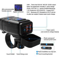 Chargeur de Voiture, Prise USB QC 3.0 et Voltmètre LED 6-30V, Adaptateur USB Étanche pour Moto IP65 avec Interrupteur Marche-Arr