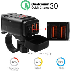 Chargeur de Voiture, Prise USB QC 3.0 et Voltmètre LED 6-30V, Adaptateur USB Étanche pour Moto IP65 avec Interrupteur Marche-Arr