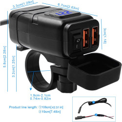 Chargeur de Voiture, Prise USB QC 3.0 et Voltmètre LED 6-30V, Adaptateur USB Étanche pour Moto IP65 avec Interrupteur Marche-Arr