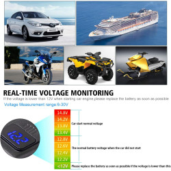 Chargeur de Voiture, Prise USB QC 3.0 et Voltmètre LED 6-30V, Adaptateur USB Étanche pour Moto IP65 avec Interrupteur Marche-Arr
